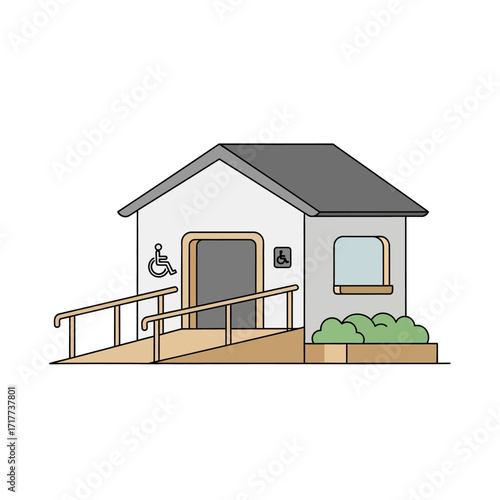 Accessible restroom building with ramp, wheelchair symbol, and landscaping.
