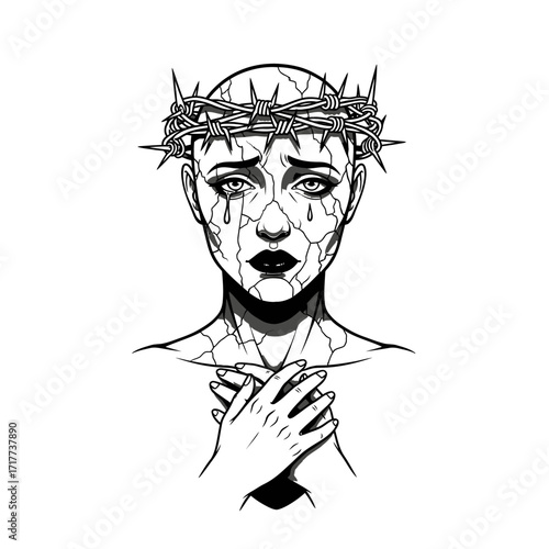 A woman with a crown of thorns, cracked skin, and tears, expressing sorrow and pain.