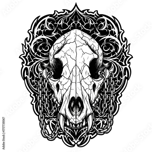 Ornate skull design with chained animal skull, intricate floral and tribal style.