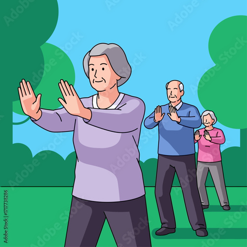Elderly individuals practicing Tai Chi in a park, enjoying outdoor exercise and wellness.