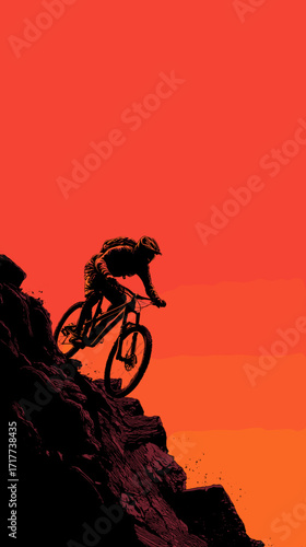 Silhouette of a mountain biker riding down a steep rocky slope