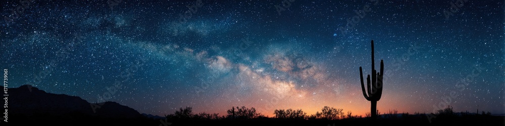 Fototapeta premium A stunning desert night showcases the Milky Way's brilliance, with a tall saguaro cactus silhouetted against the starry sky in a serene, natural landscape.