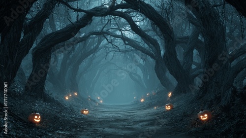 Spooky forest path with glowing jack-o'-lanterns on halloween night