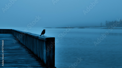 Lonely bird looks at the snowy endless lansdcape. Concept oof a long winter, awaiting and loneliness 