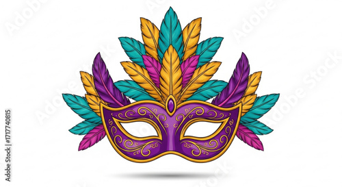 A vibrant mardi gras mask with purple, gold, and teal feathers, perfect for carnival celebrations and festive designs