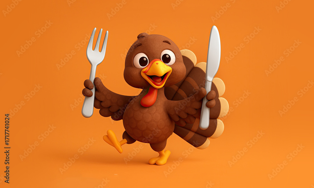 Naklejka premium Cute Cartoon Turkey Holding a Fork and Knife Ready for Thanksgiving Dinner. Copy Space