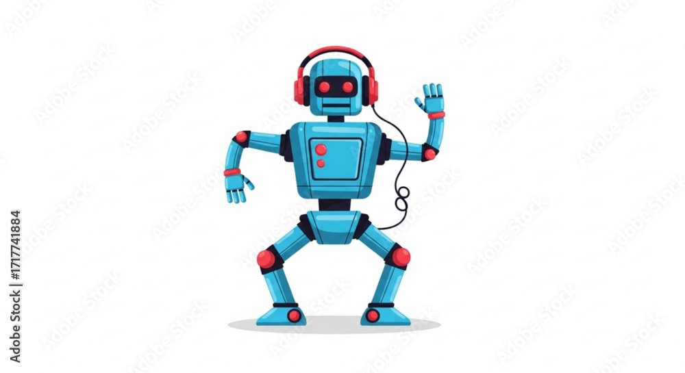 Fototapeta premium A cheerful blue robot dances with red headphones, waving its hand, a fun, modern design for tech or entertainment themes