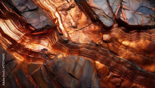 Visible Veins Of Copper In The Rocky Wall Of A Mine Close Up Shot