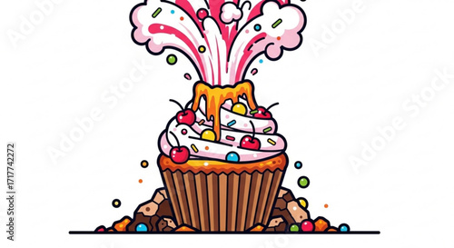 A whimsical cupcake volcano erupting with frosting and sprinkles, a sweet treat with a playful twist
