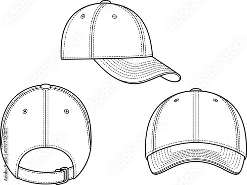 Baseball cap technical illustration, front side rear view, fashion accessory design, adjustable strap, curved brim, apparel template, vector drawing, detailed stitching