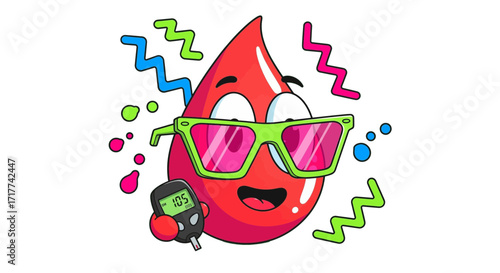 Cartoon Blood Drop Character Wearing Sunglasses Holding a Glucose Meter - Health Concept