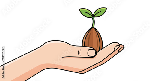 Hand holding a sprouting seed, symbolizing growth, new beginnings, and the nurturing of life