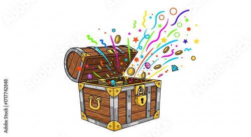 Open treasure chest with coins and confetti a wooden chest full of gold, jewels, and colorful confetti flying out of it