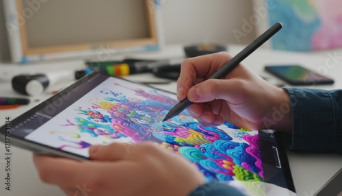 Person hands using a digital pen on a tablet screen. The screen displays a colorful and complex digital painting or illustration. digital art, creativity, and the fusion of art and technology