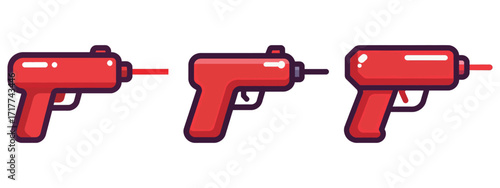 Set of red cartoon ray guns or laser blasters, space and science fiction vector illustration