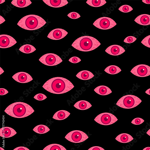 A pattern with multiple red eyes on a black background