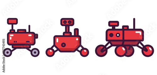 Set of red cartoon mars rover or lunar lander, space exploration and discovery vector illustration