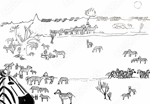 hand-drawn sketch of many zebras in savannah