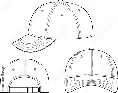 Baseball cap vector illustration, side view, front view, back view, adjustable strap, fashion accessory, apparel template, technical drawing, unisex design