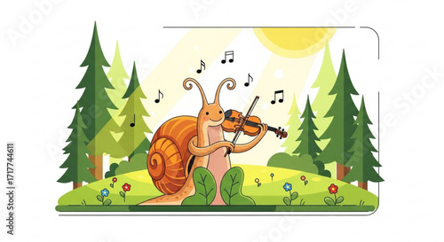 A charming snail serenades the forest with a violin, surrounded by lush greenery and a sunny sky a musical woodland tale
