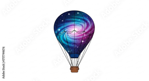 A whimsical hot air balloon adorned with a swirling galaxy pattern floats serenely, its cosmic design contrasting with the