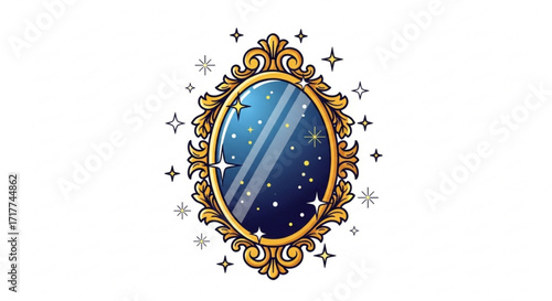 A decorative ornate mirror reflecting a starry night sky, surrounded by sparkling stars