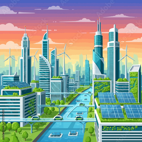 A vibrant, futuristic city with green rooftops, solar panels, wind turbines, and elevated transportation systems under a colorful sky.