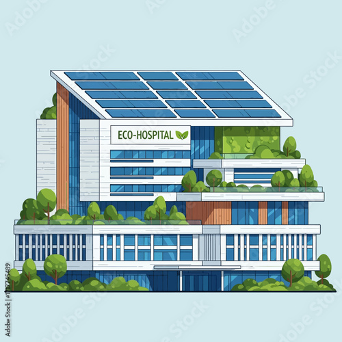 Illustration of a modern eco-hospital building with solar panels on the roof and green spaces incorporated into the design, set against a light blue background.