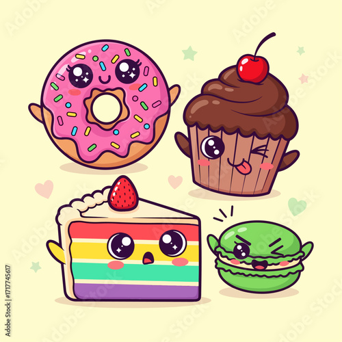 Cute Dessert Friends: Cupcake, Ice Cream Cone, Donut, And Macaron In Happy Pastel Scene	