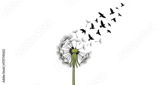 A dandelion is transforming into a flock of birds, it is a symbolic and evocative nature illustration