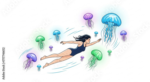 A woman gracefully swimming amidst a mesmerizing swarm of colorful jellyfish, creating a surreal and enchanting underwater scene