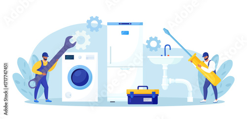 Repairmen in uniform repair electrical home appliance with tool. Professional workers with wrench, screwdriver. Home masters fixing broken technics, plumbing. Electrician, plumber call. Repair service