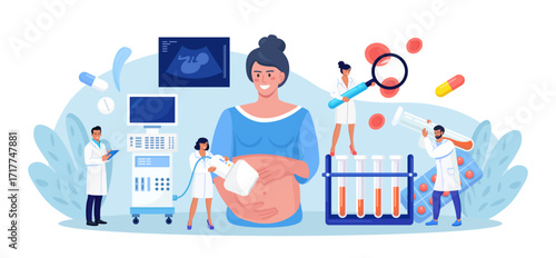 Ultrasound pregnancy screening. Embryo baby health diagnostic. Ultrasonography. Doctor making scan pregnant woman with ultrasound machine in hospital.Gynecologist doing belly sonography. Medical test