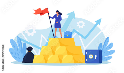 Gold investment. Successful investor or trader standing on stack of gold bar bullion. Employee making investing plans. Wealth management in financial crisis.  Financial literacy. Asset allocation
