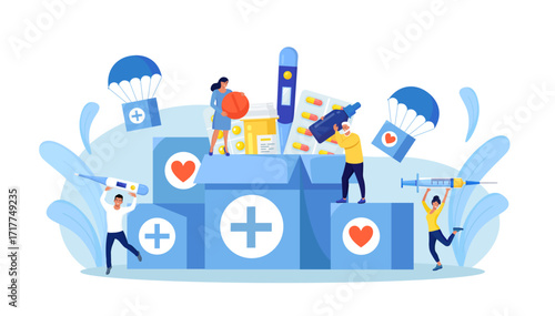 Humanitarian Aid. Voluntary Social Assistance and Support. Volunteers Collecting Food, Medicine for Refugees. People Donating Medications First Aid. Charity, Medicines Donation for Needy Poor People.