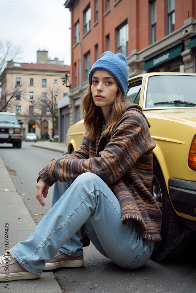 Fototapeta premium Young woman sitting on the sidewalk, wearing a blue beanie and a striped jacket.