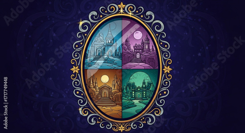Enchanting mirror with four magical realms, showcasing diverse landscapes and mystical atmospheres in a decorative frame