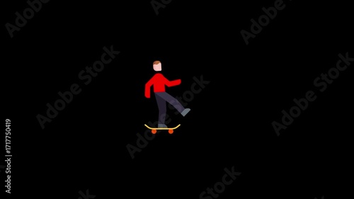 looping animation of a young person skateboarding, flat design icon representing urban sport, youth culture, and street style, isolated on black background for modern video projects and social media