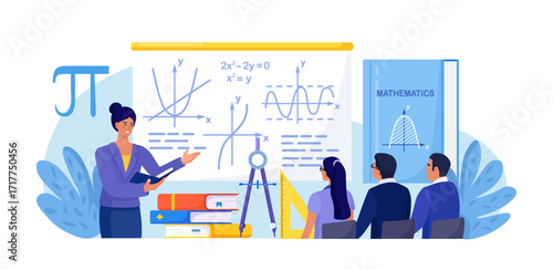 Math school subject. Students studying mathematics in classroom. Teacher pointing at chalkboard, teaching kids. People learn maths, arithmetics, algebra and geometry in college. Education, knowledge