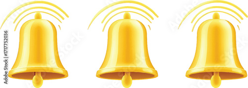 Three Golden Bells with Emanating Sound Waves Indicating Ringing and Alert Keywords: bells, golden bells, ringing bells, sound waves, notification, alert
