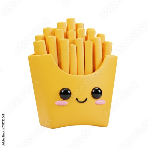 3D render of cheerful yellow french fries in a matching container, isolated on white with a cute cartoon face