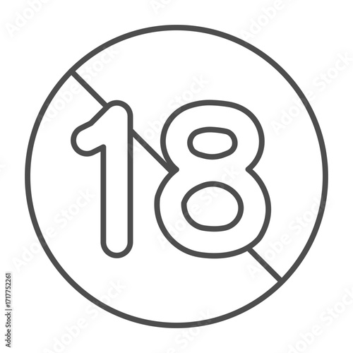 No sign with number eighteen thin line icon, adults only concept, under 18 is not allowed sign on white background, outline style icon for mobile and web design. Vector graphics.
