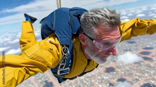 Skydiver in vibrant yellow jumpsuit is joyfully free-falling through the clouds, showcasing the thrill of adventure and the exhilarating experience of skydiving in a breathtaking aerial scene