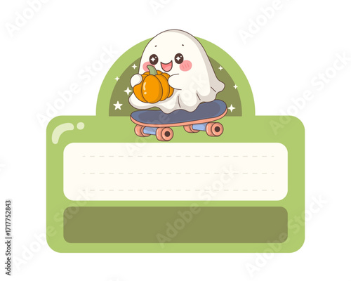 Happy Halloween name tag design featuring a cute ghost on a skateboard holding a pumpkin, a friendly and fun vector illustration
