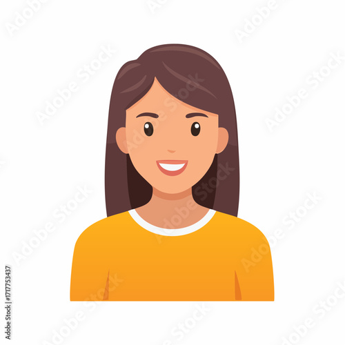 Smiling female cartoon illustration, brown hair, orange shirt portrait design
