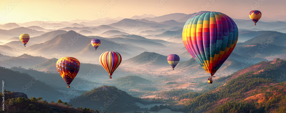 Fototapeta premium colorful hot air balloons flying above mountain landscape