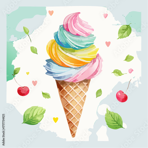 水彩画で描かれたジェラートアイスクリームのイラスト