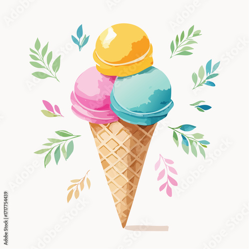 水彩画で描かれたジェラートアイスクリームのイラスト