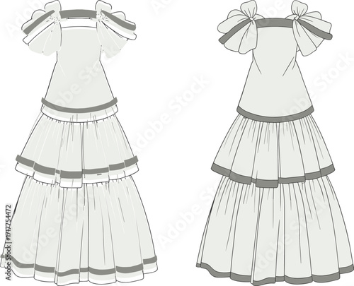 Off-shoulder dress silhouette, puff sleeve tiered skirt, fashion garment icon, editable cad drawing flat vector illustration, isolated black design