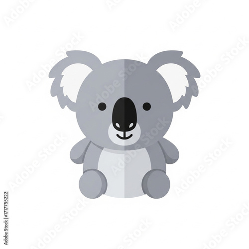 Adorable cartoon koala sitting, gray and white, flat design.